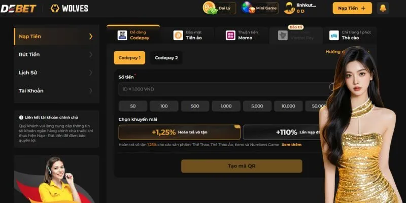 Hội viên có thể nạp rút tiền DEBET mọi thời điểm